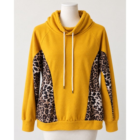 Shadrielle Clothing Tops - Shadrielle Clothing Mustard Yellow Leopard Print Funnel Neck Hoodie Size Large